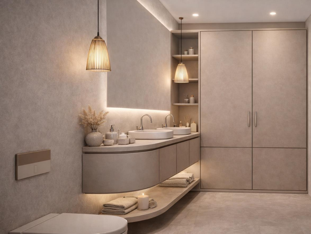 Sculpted bathroom vanity with twin basins and pendant lighting