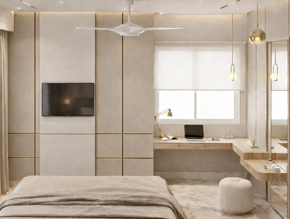 Bedroom with panelled TV wall and brass pendants