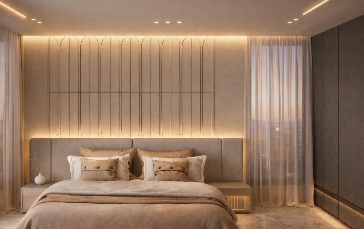 Master bedroom with backlit fluted headboard and skyline