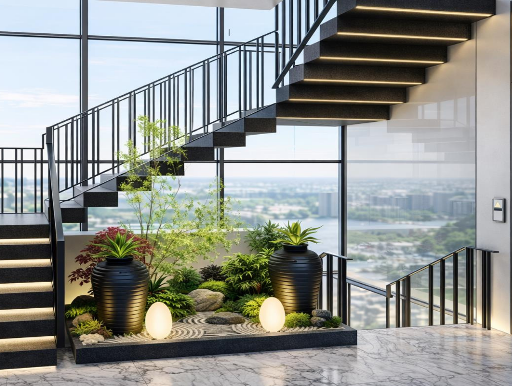 Floating staircase with skyline view and zen garden