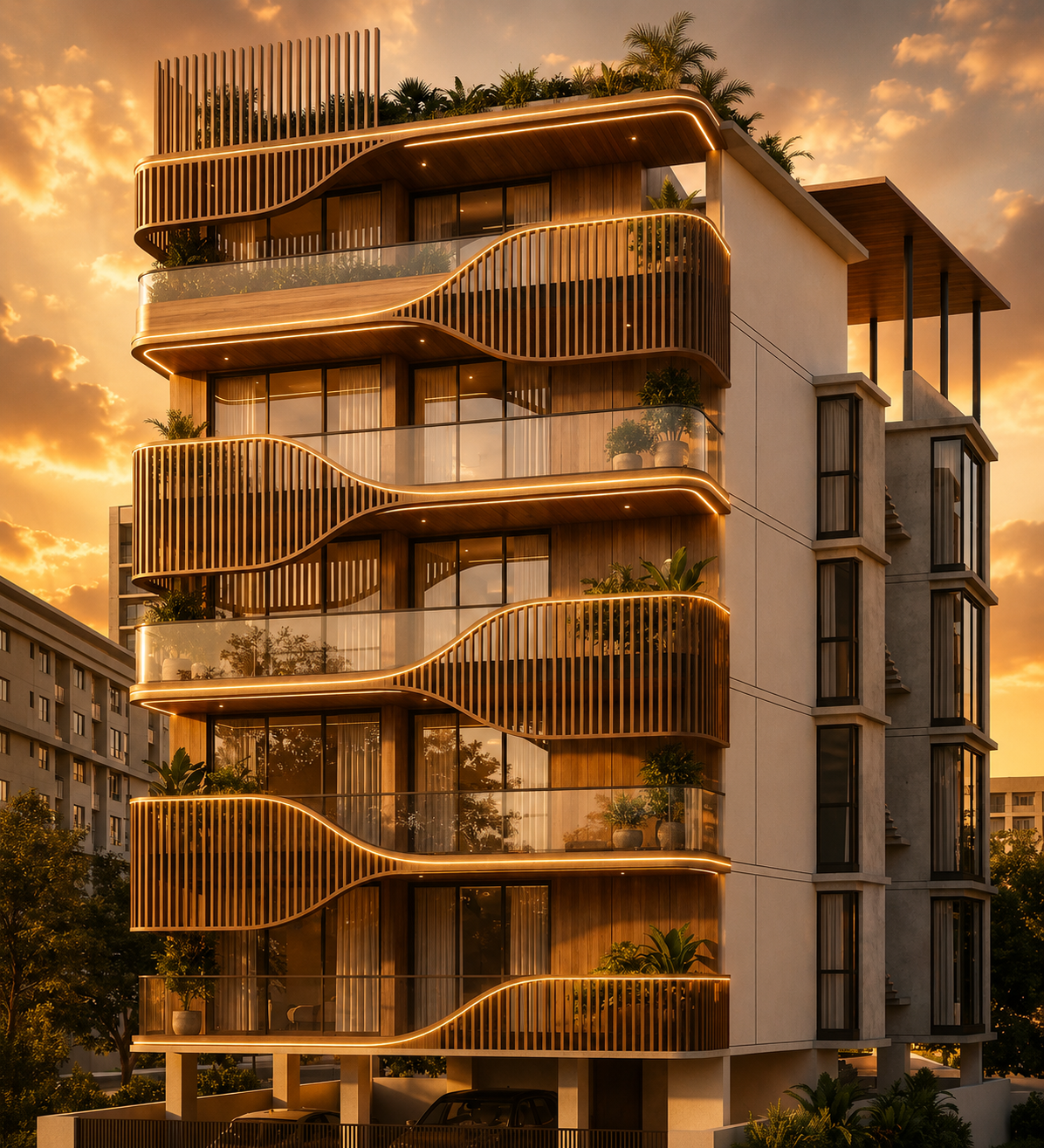 Architectural residence elevation with illuminated curved balconies