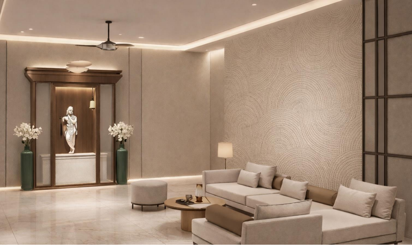 Pooja room sanctuary with sculpted shrine and lounge seating